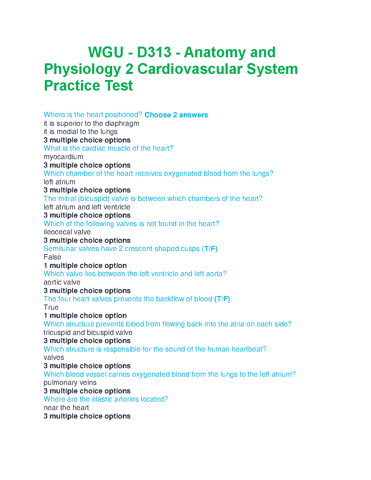 WGU D313 A&P 2 Cardiovascular Practice Test 2025
