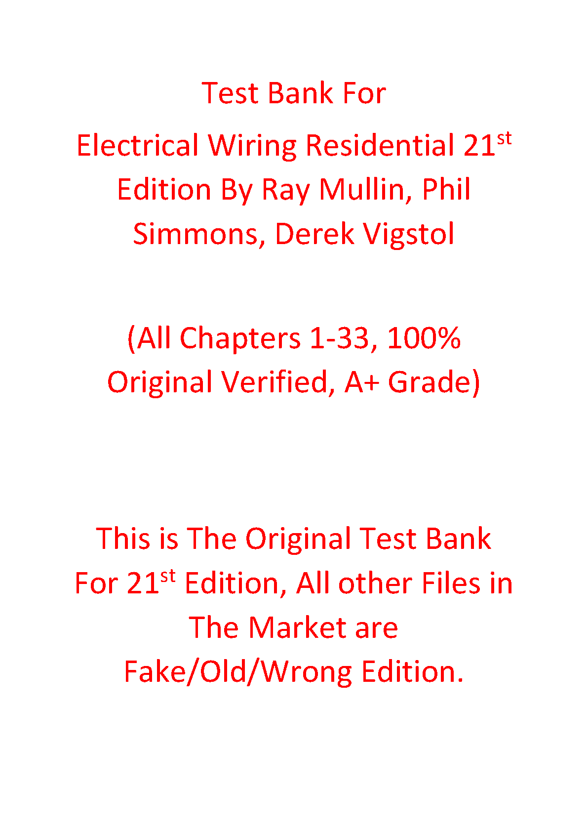 Electrical Wiring Residential 21st  Edition TEST BANK