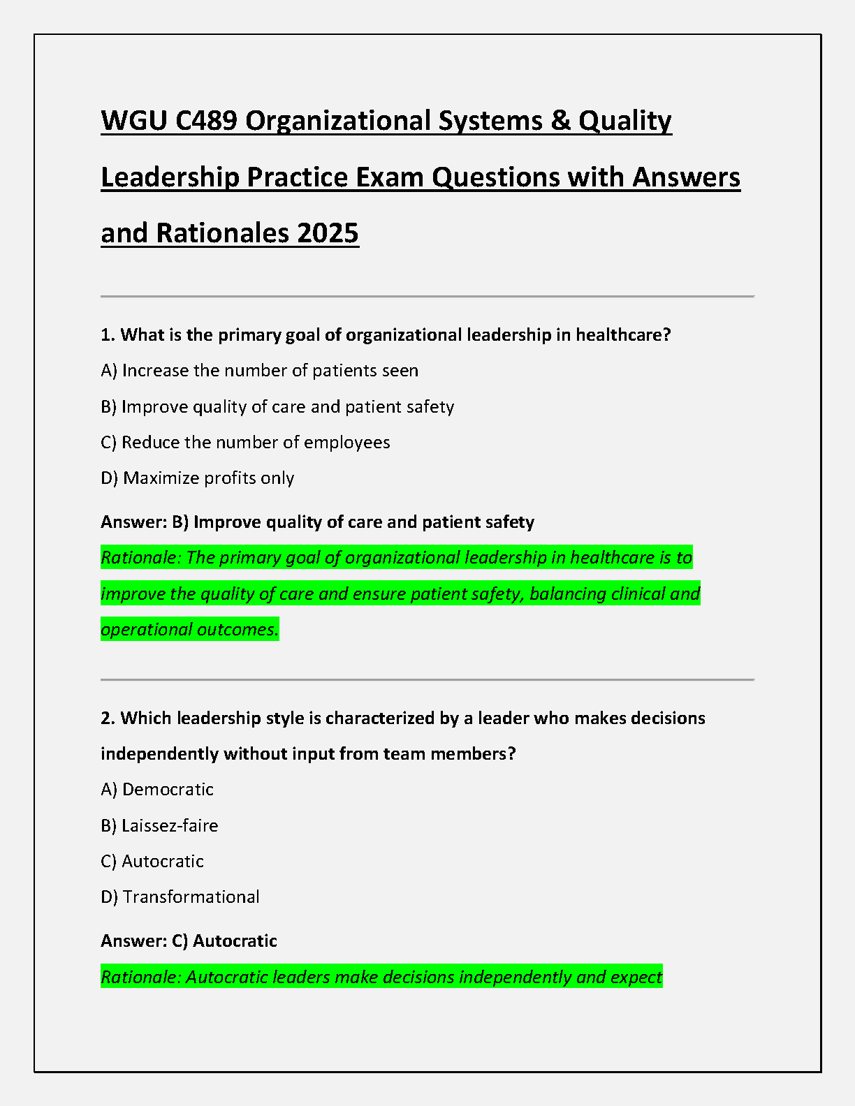 WGU C489 Practice Exam Questions & Rationales 2025
