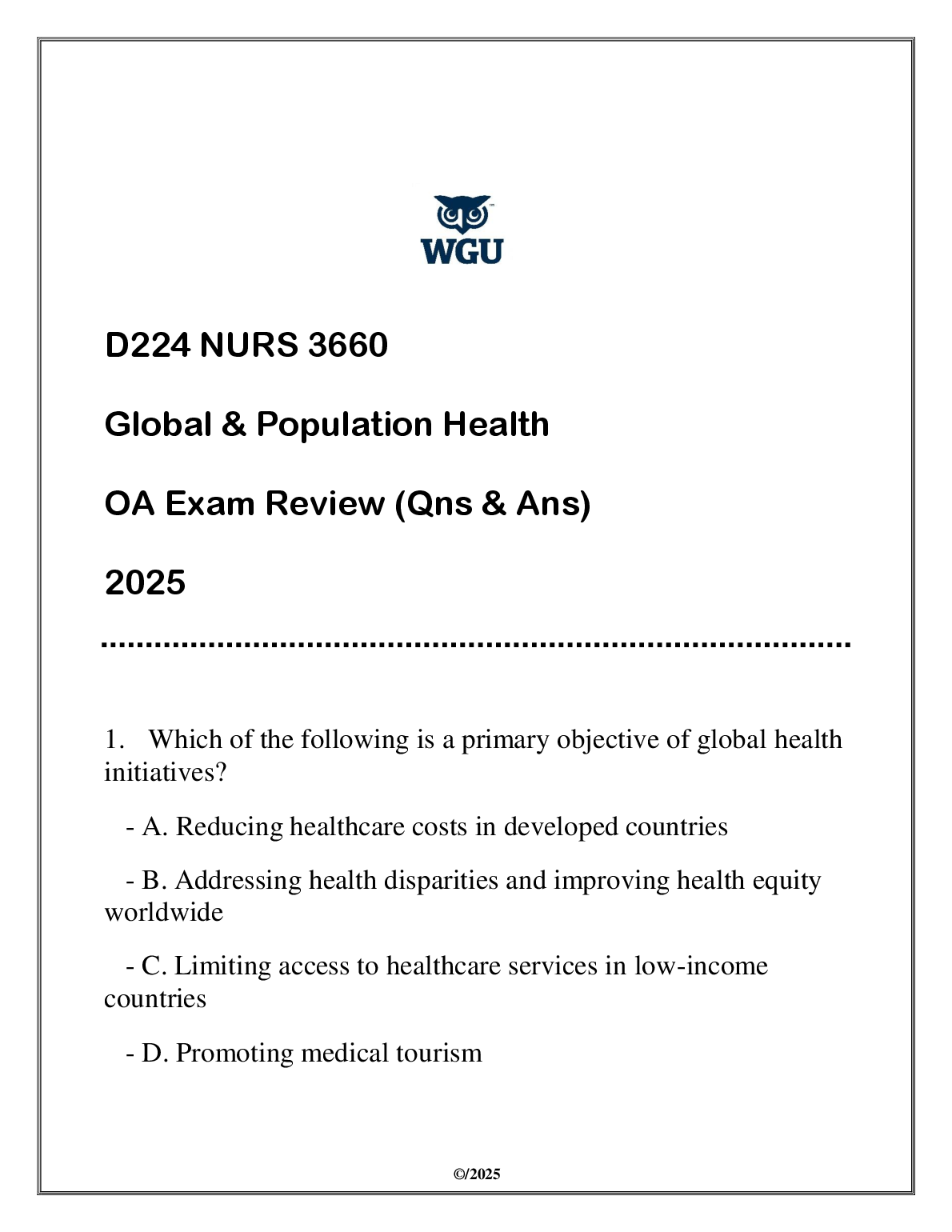 NURS 3660 Global Population Health Test Bank 2025