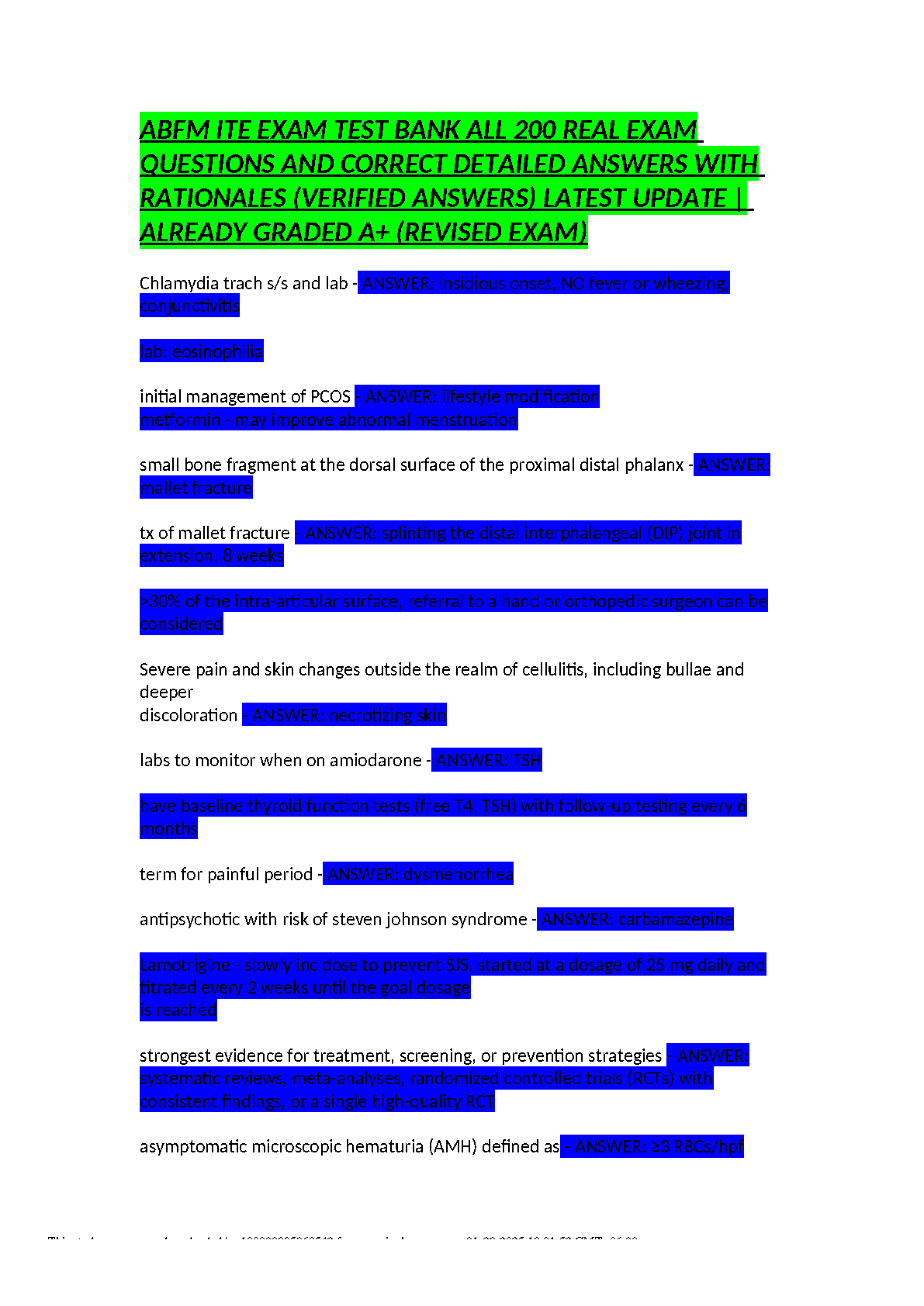 ABFM ITE Exam Test Bank 200 Questions 2026/27