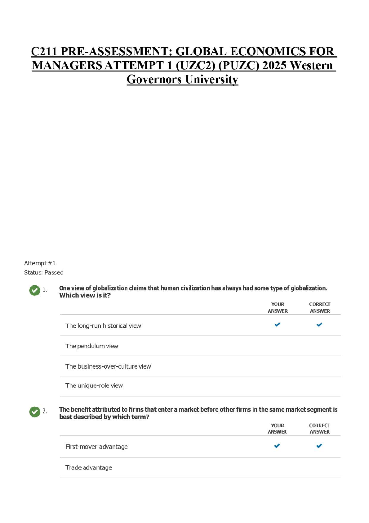 WGU C211 Global Economics Test Bank with Answers