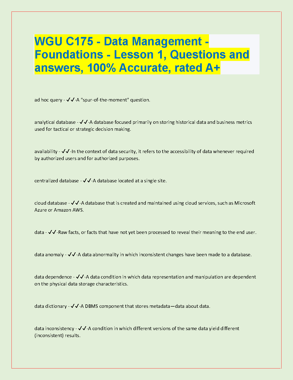 WGU C175 Data Management Foundations Lesson 1 Exam Prep IMG-1
