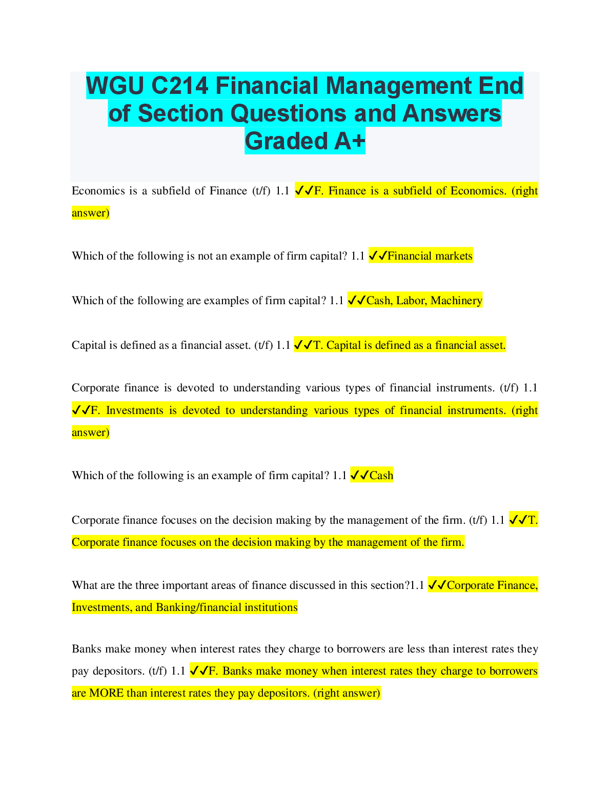 WGU C214 Financial Management Questions & Answers 2024