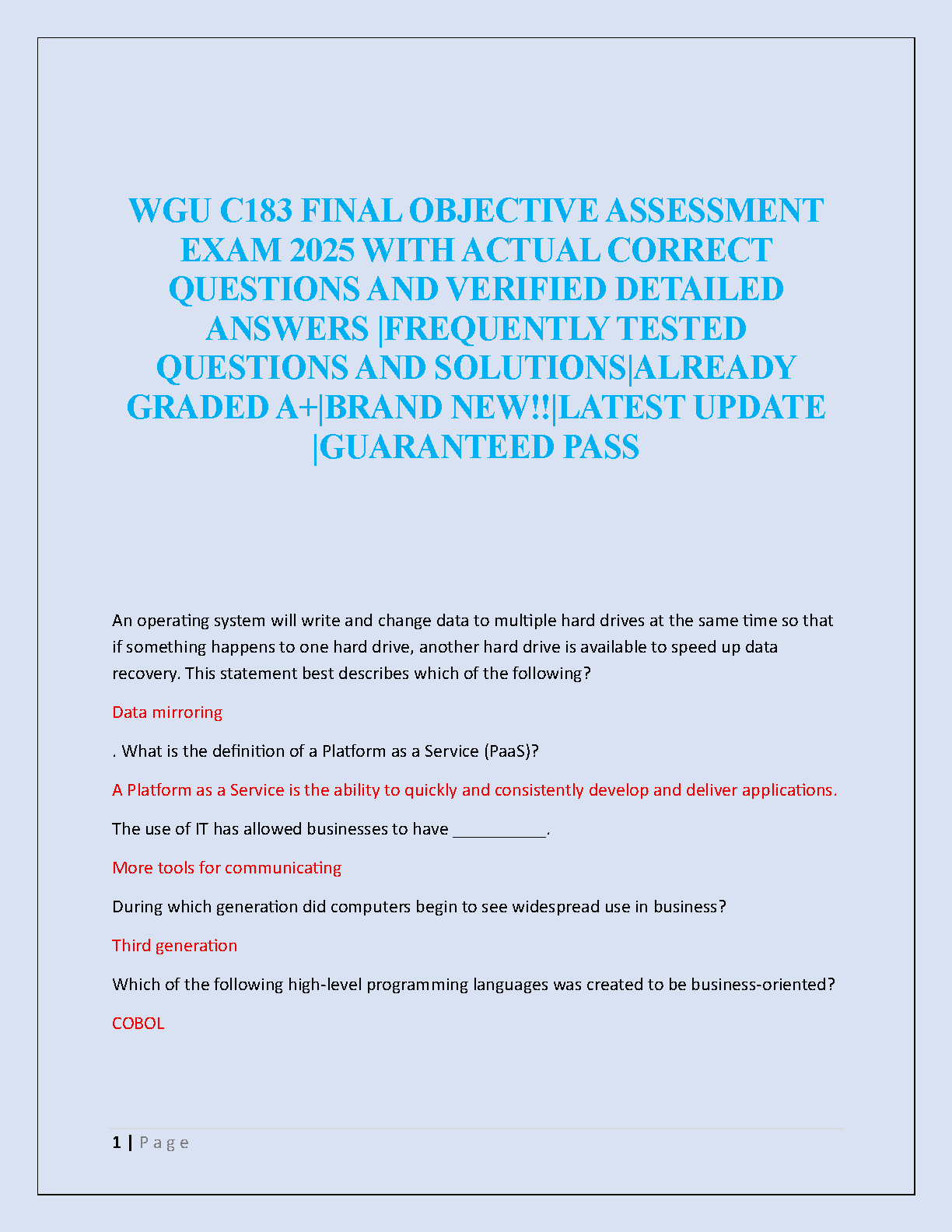 WGU C183 Intro to IT Test Bank 2025 Verified Q&A