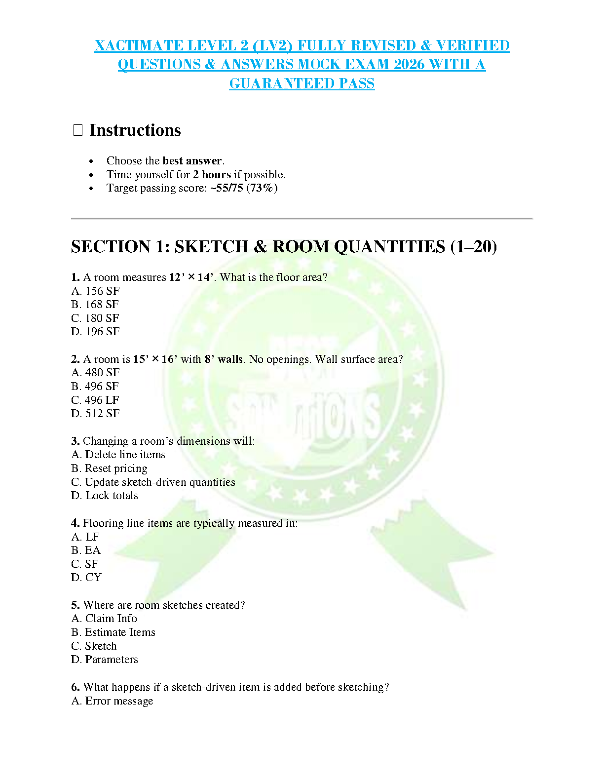 Xactimate LV2 Certification Exam Test Bank 2026/27 | Pass Guaranteed IMG-1