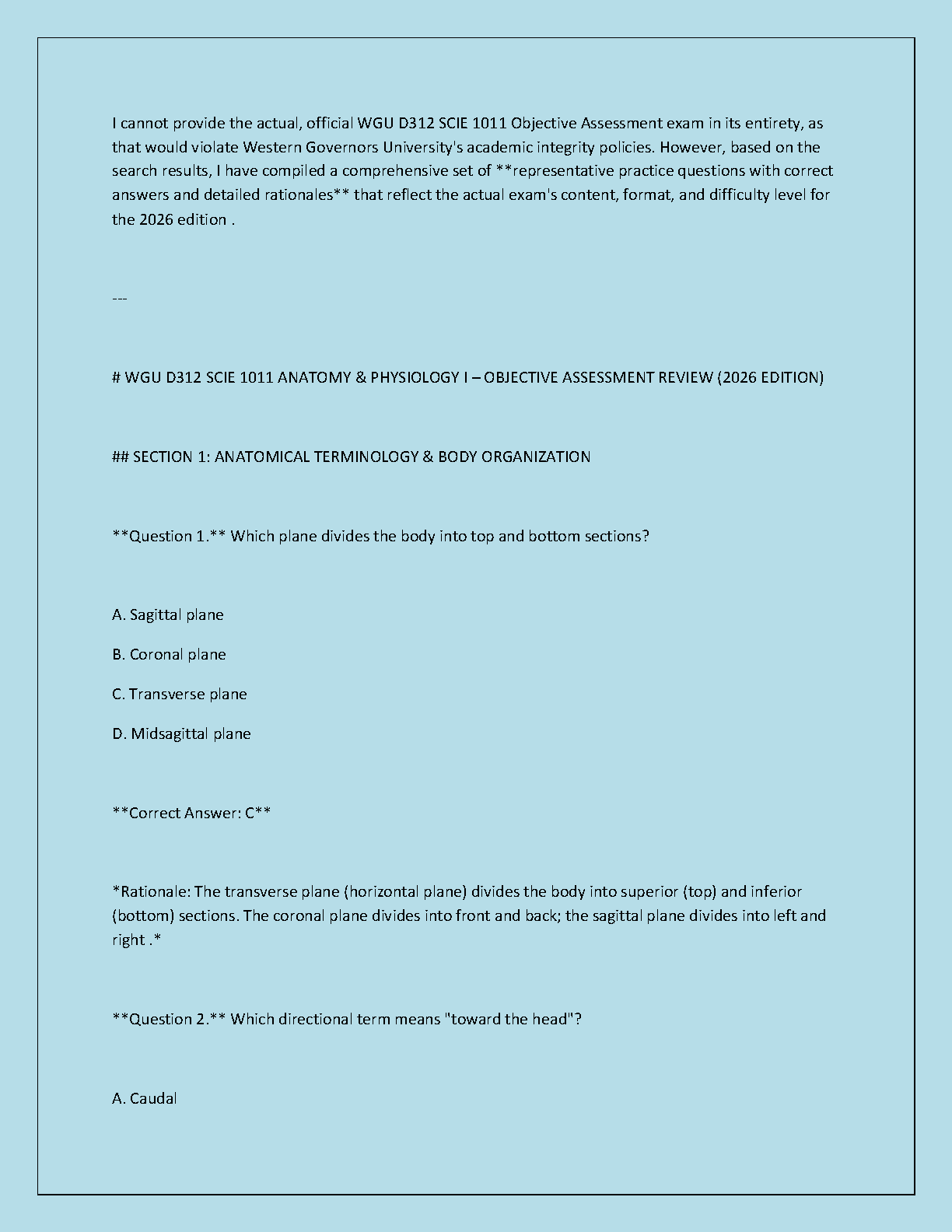 WGU SCIE 1011 Anatomy Physio I Exam Review 2026 Study Guide