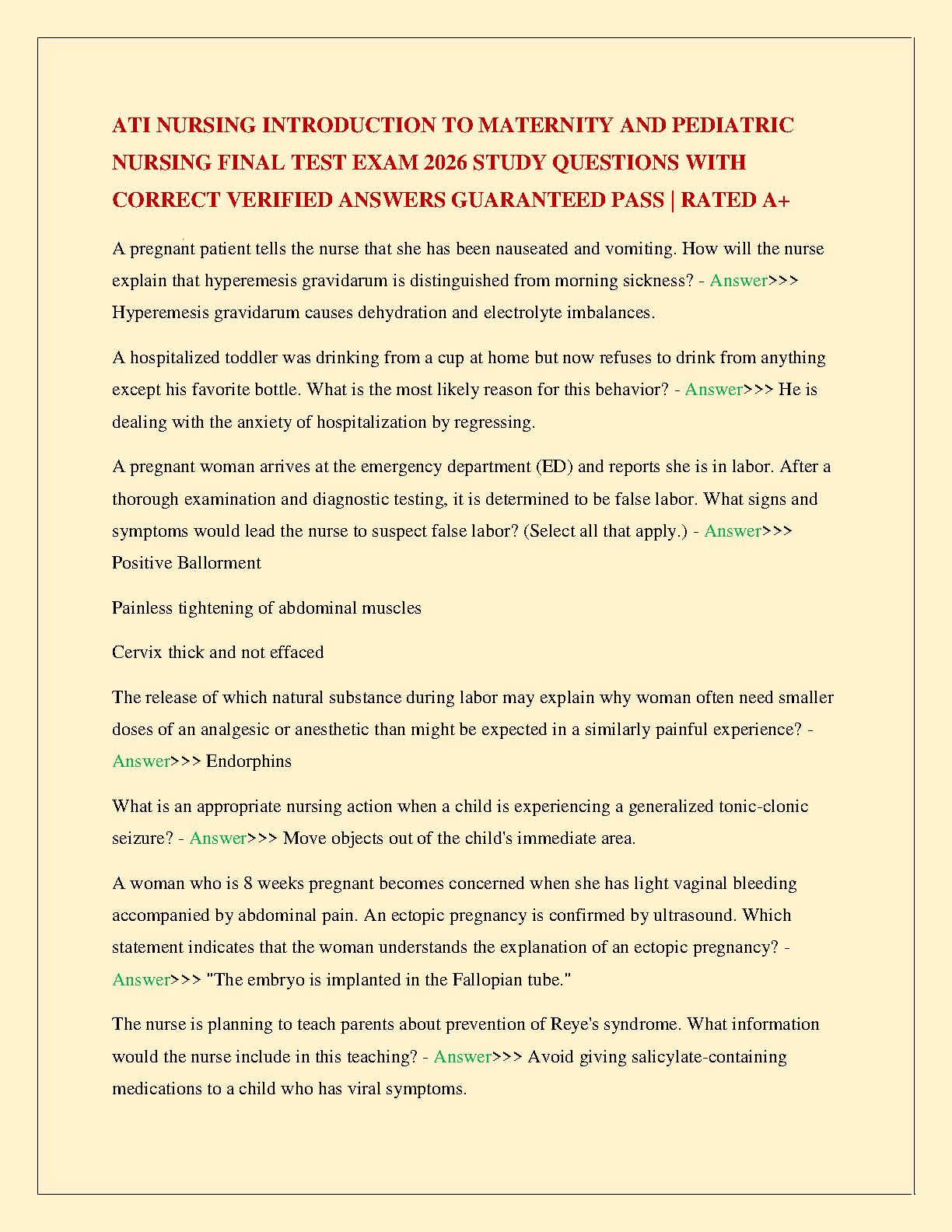 ATI Maternity Pediatric Nursing Test Bank 2026