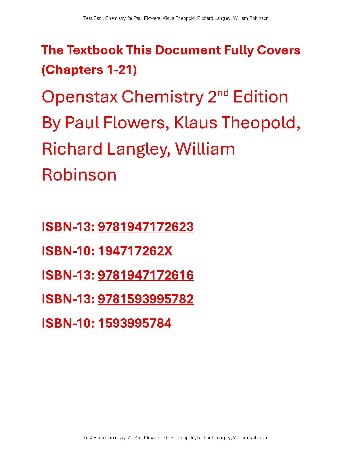 Openstax Chemistry 2e Test Bank Ch 1-21 Verified Questions and Answers