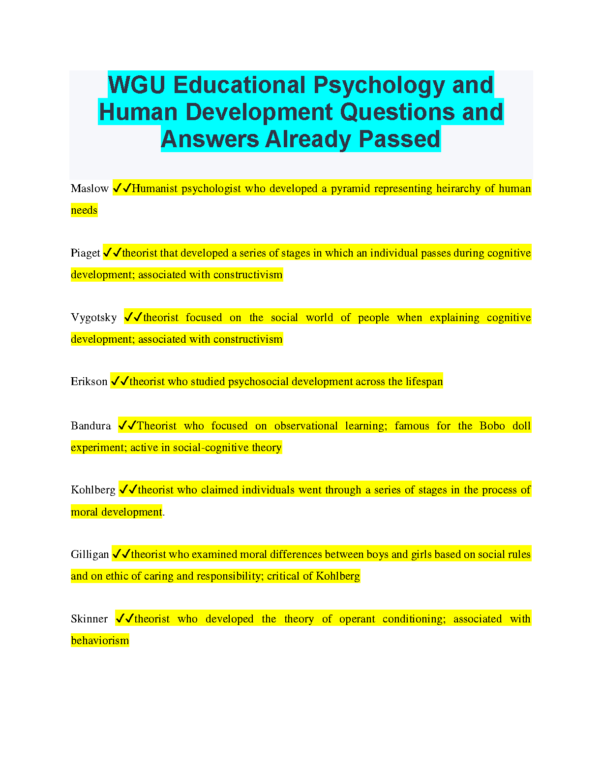 WGU Education Psych Exam Study Guide Questions Answers