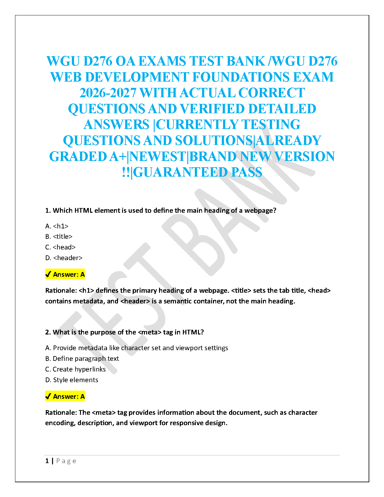 WGU D276 Web Dev OA Test Bank with Answers 2026