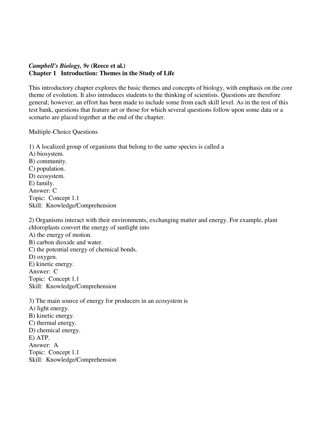 Campbell Biology 9th Edition TEST BANK