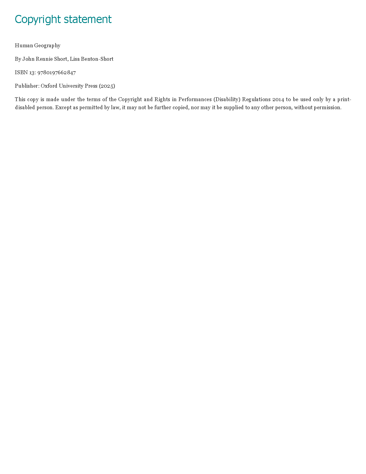 Human Geography Test Bank Short & Benton-Short Ed 3