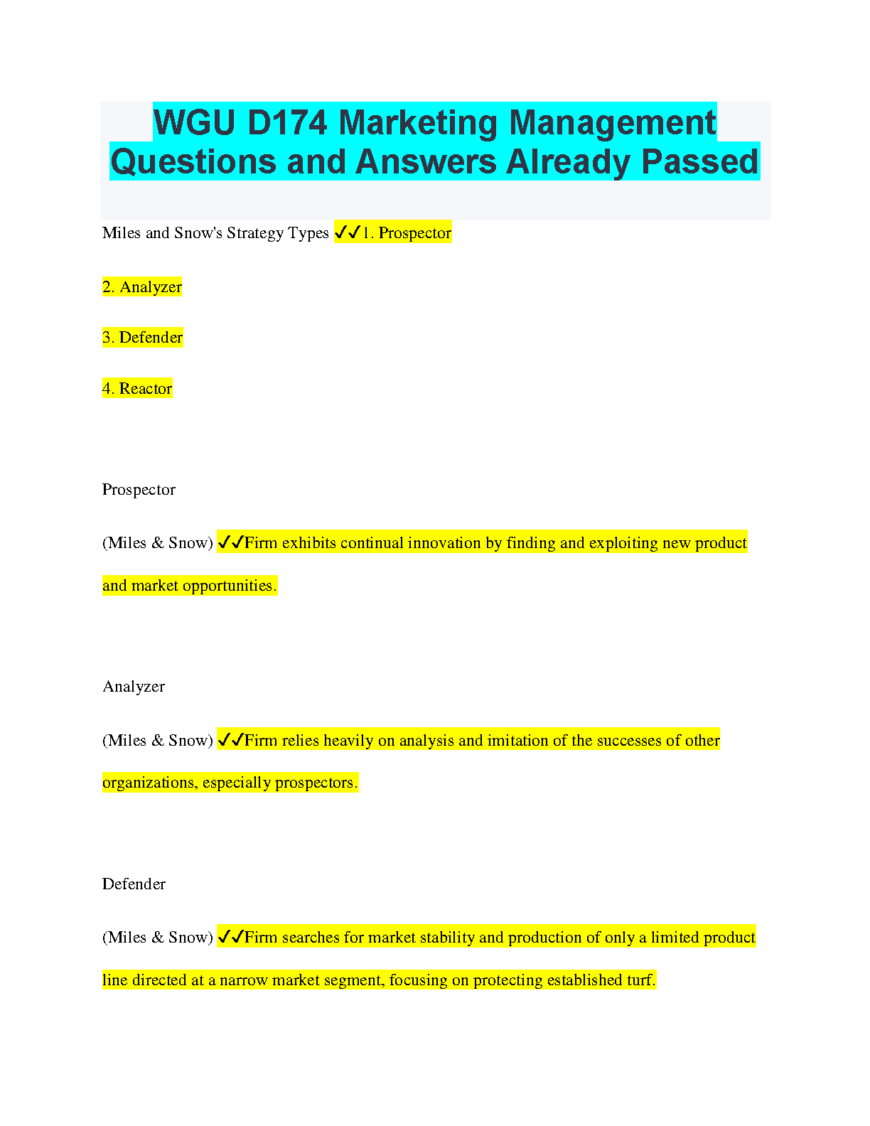 WGU D174 Miles & Snow Strategy Types Q&A Study Guide IMG-1