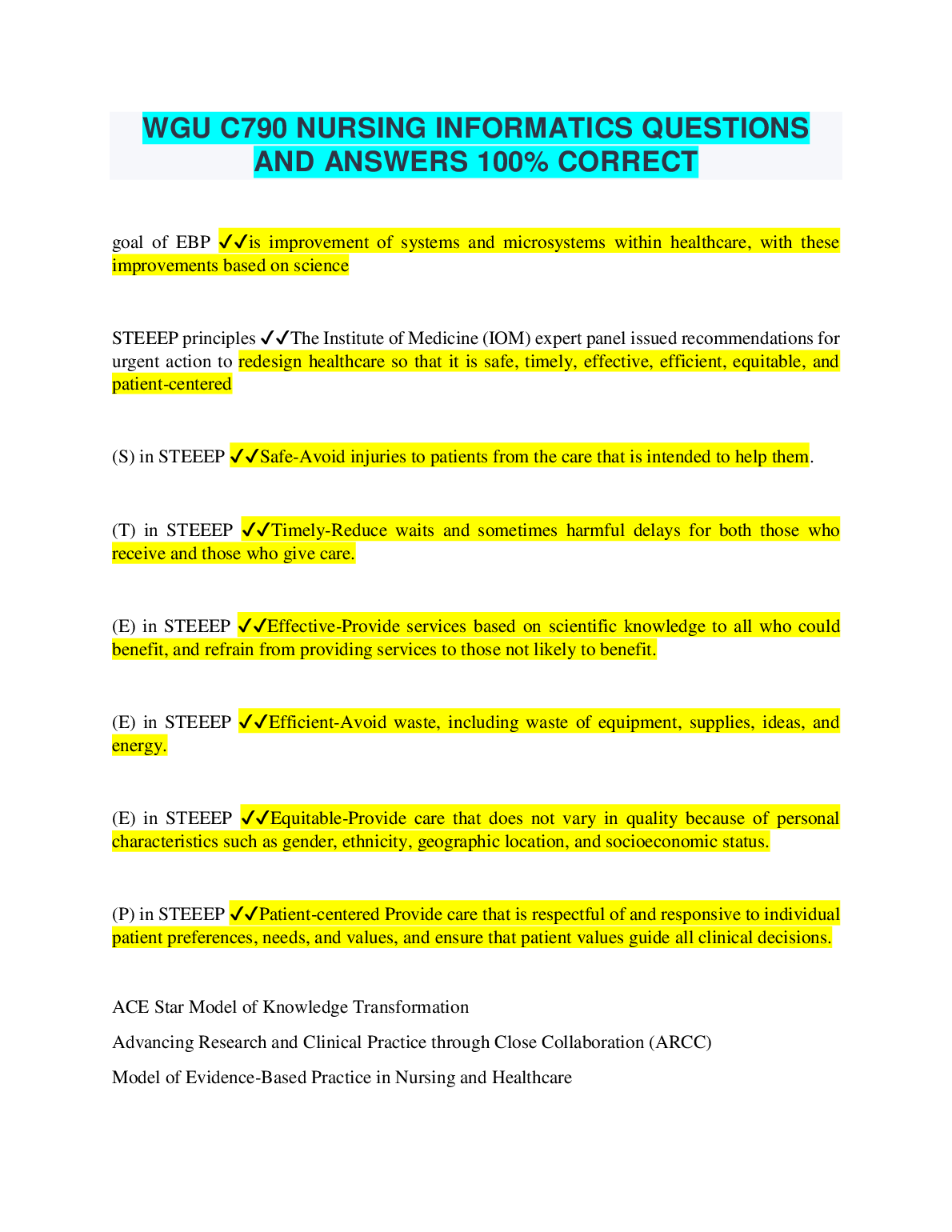WGU C790 Nursing Informatics Exam Prep Questions & Answers