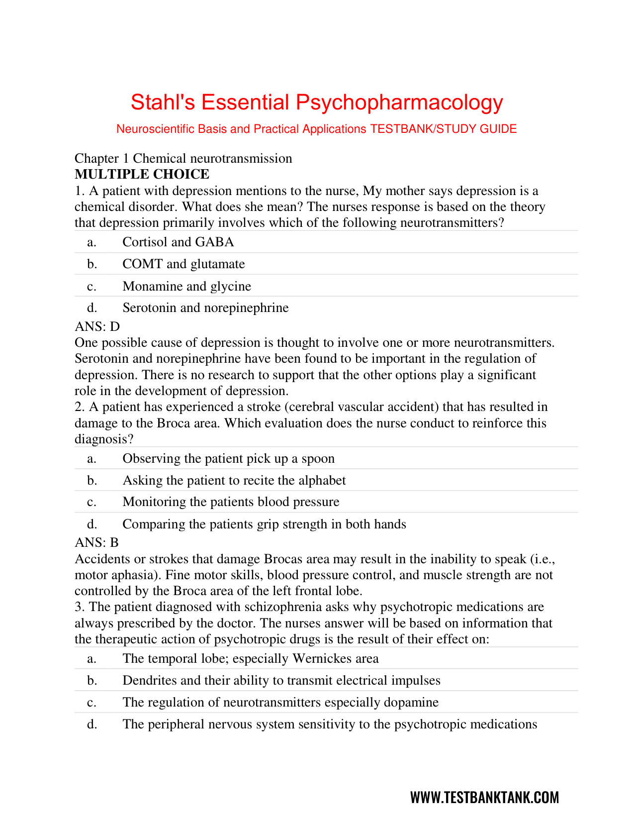Stahl's Essential Psychopharmacology 4th Edition TEST BANK