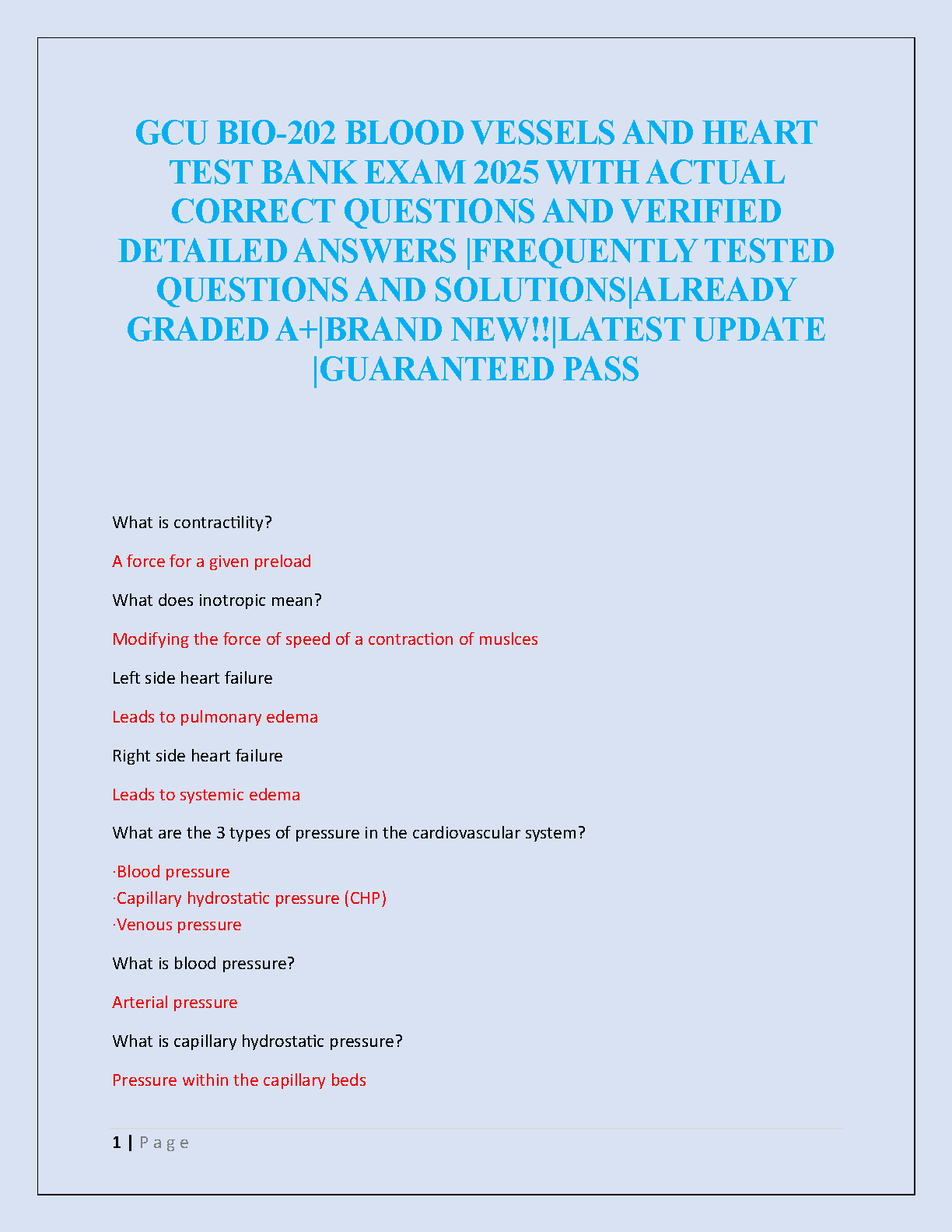 BIO-202 Blood Vessels and Heart Test Bank 2026/27 GCU Study Guide