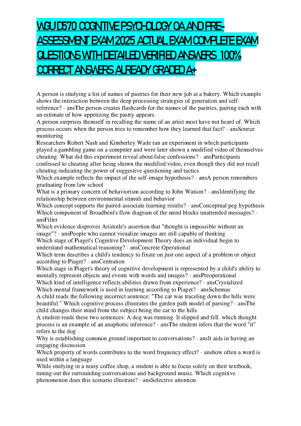 WGU D570 Cognitive Psych Test Bank 2025/26