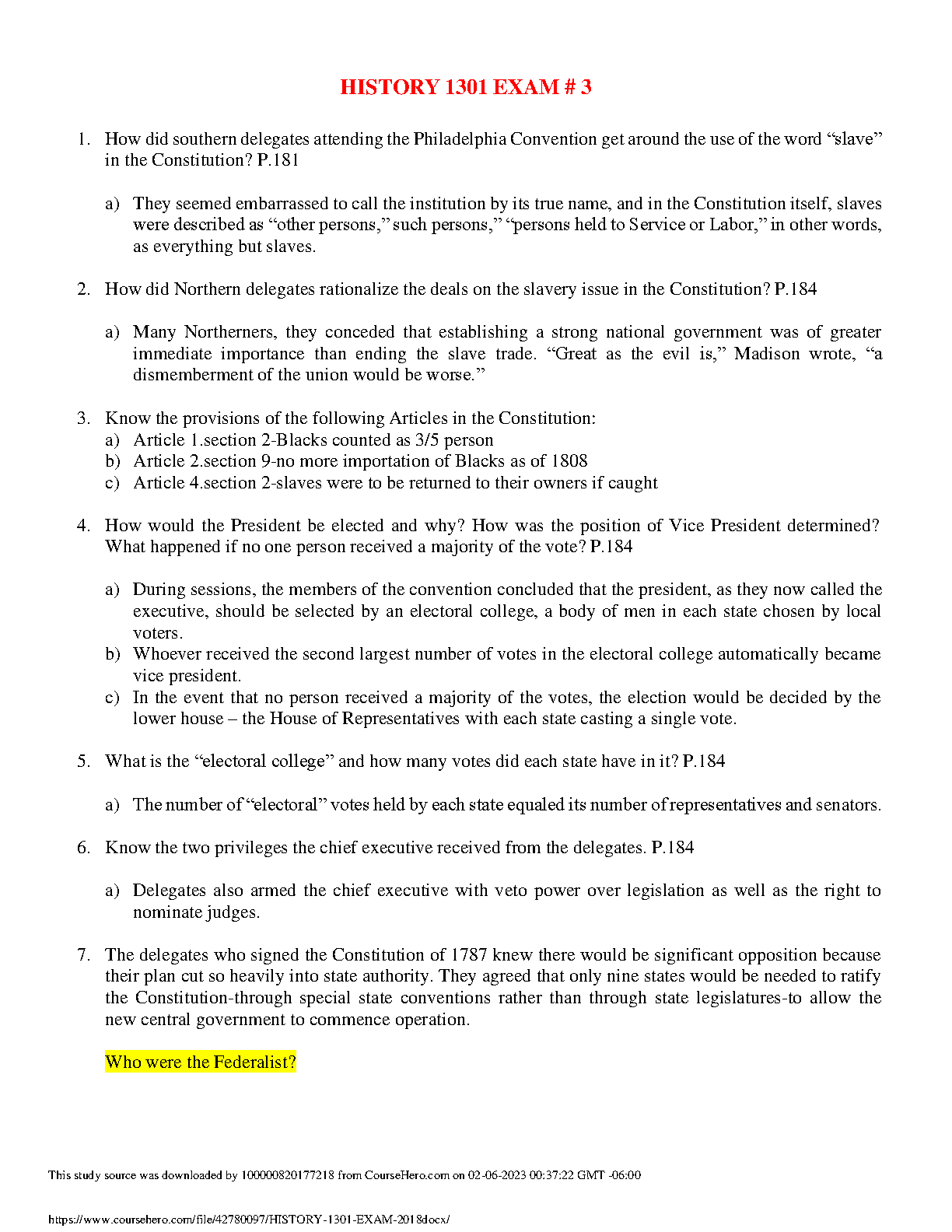 History 1301 Exam 3 Study Guide 2026/2027: US Constitution IMG-1
