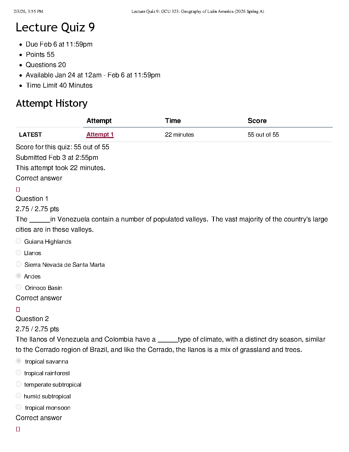 GCU 323 Lat Am Geo Quiz 9 Answers 2026/27