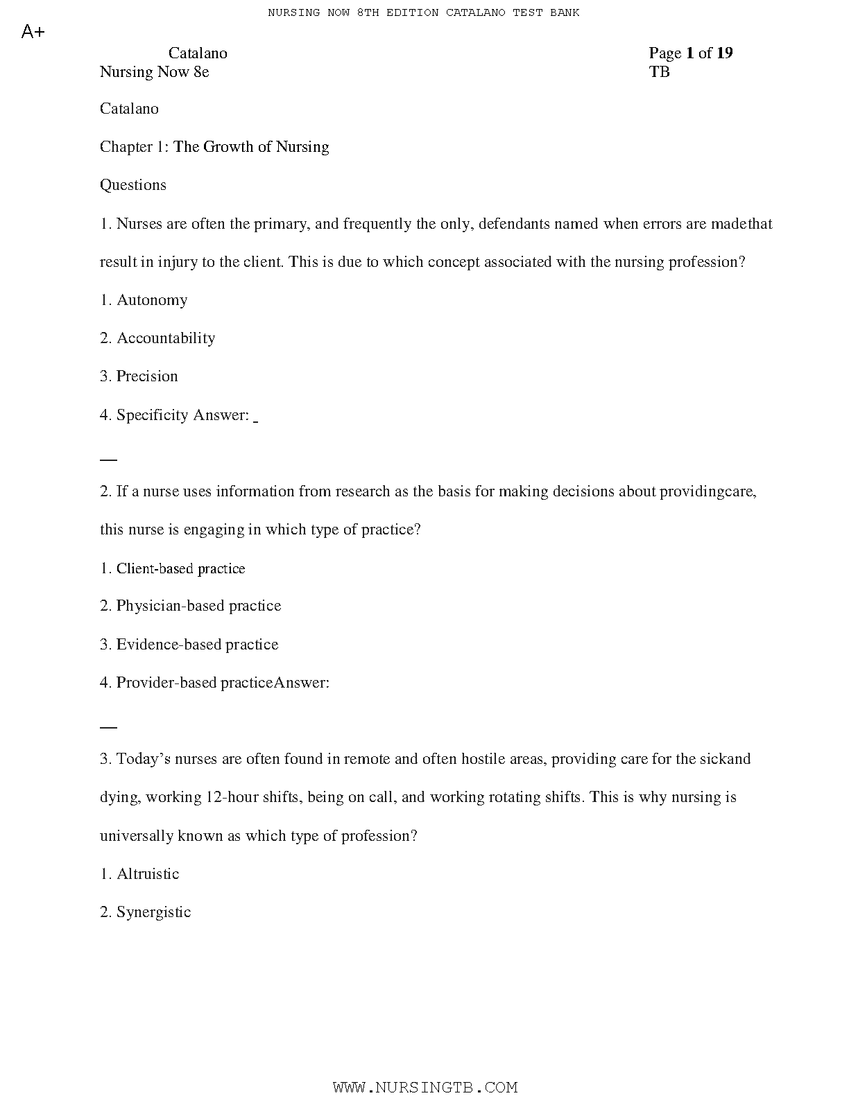 Nursing Now Test Bank 8th Ed Catalano Questions and Answers