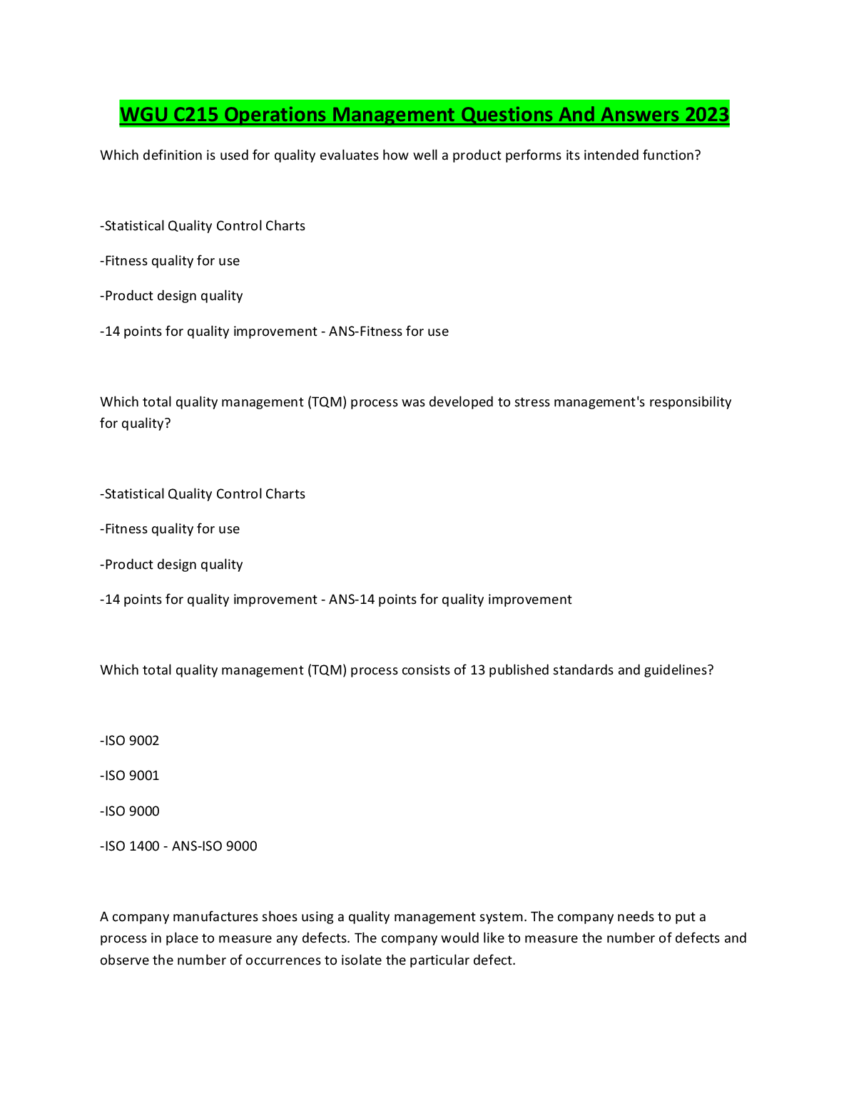 WGU C215 Operations Management Q&A 2024 Exam Prep