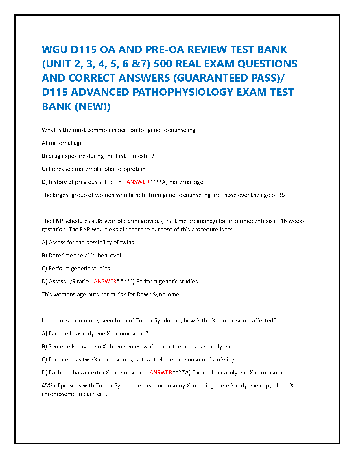 WGU D115 Advanced Pathophysiology Exam Test Bank