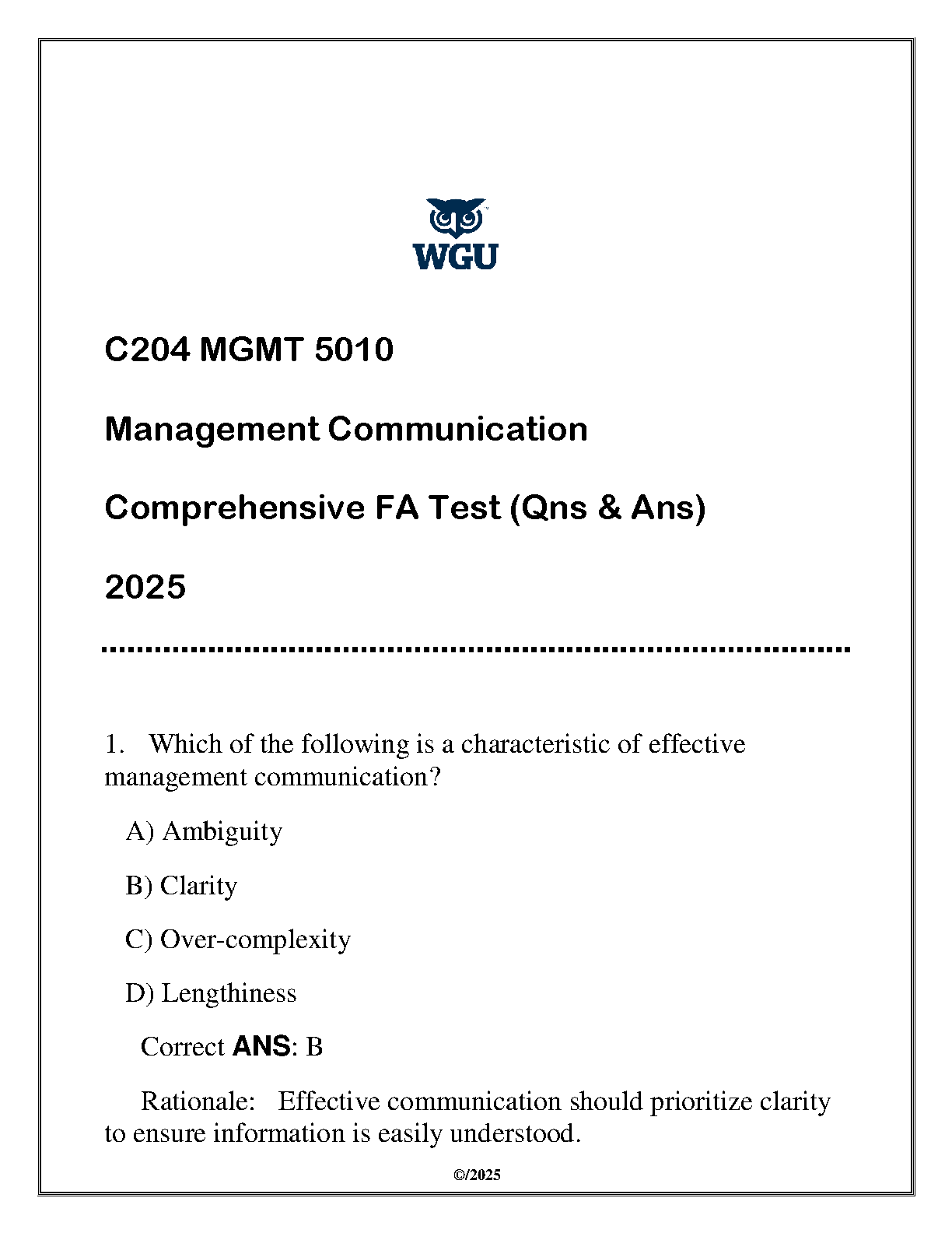 WGU C204 MGMT 5010 Management Communication Exam Prep