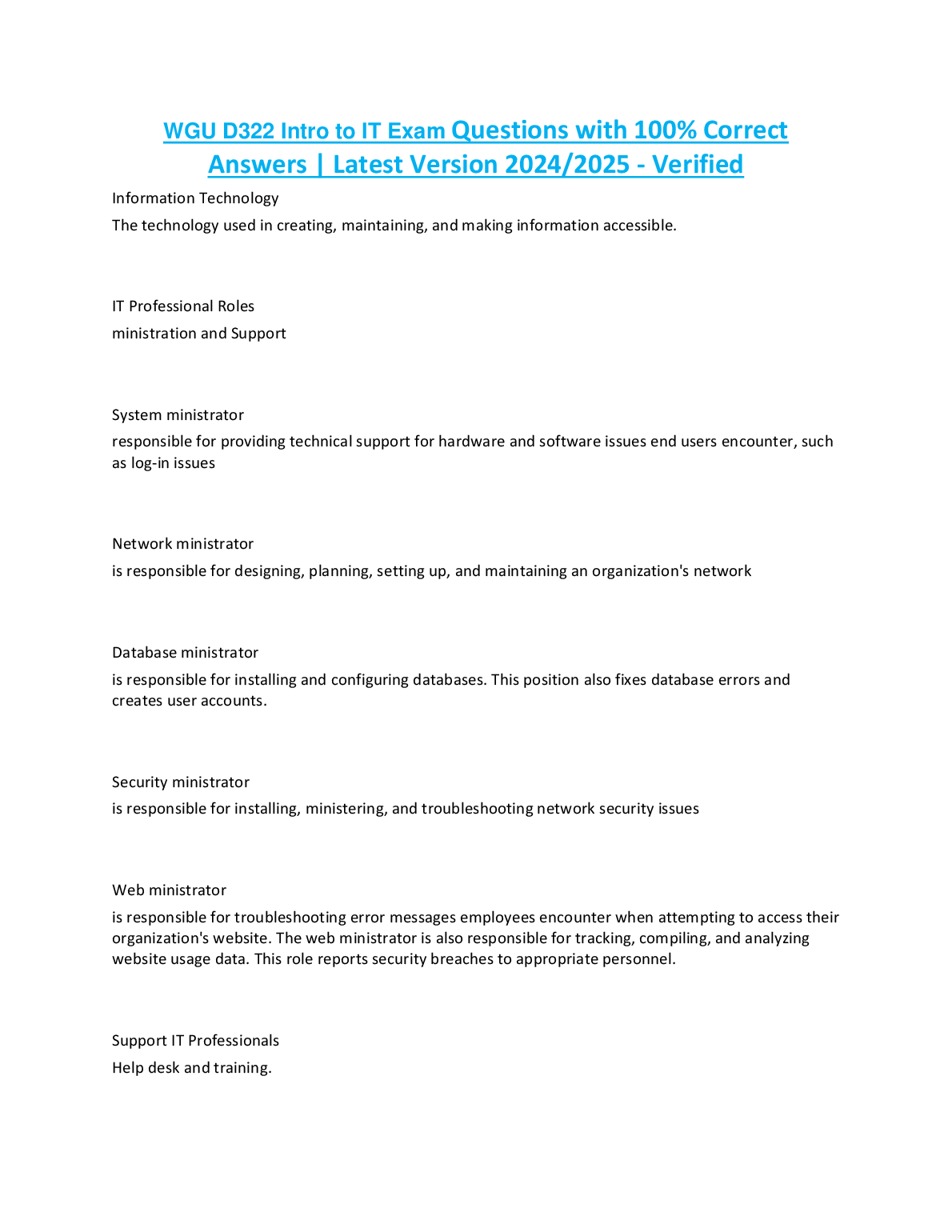 WGU D322 Intro to IT Exam Answers 2024