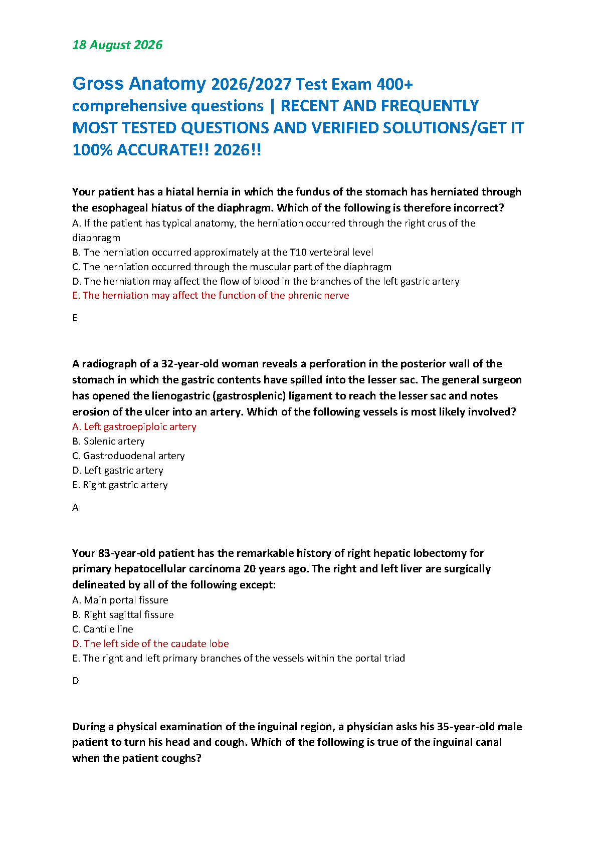 Gross Anatomy Test Bank 2026/2027 Verified Answers