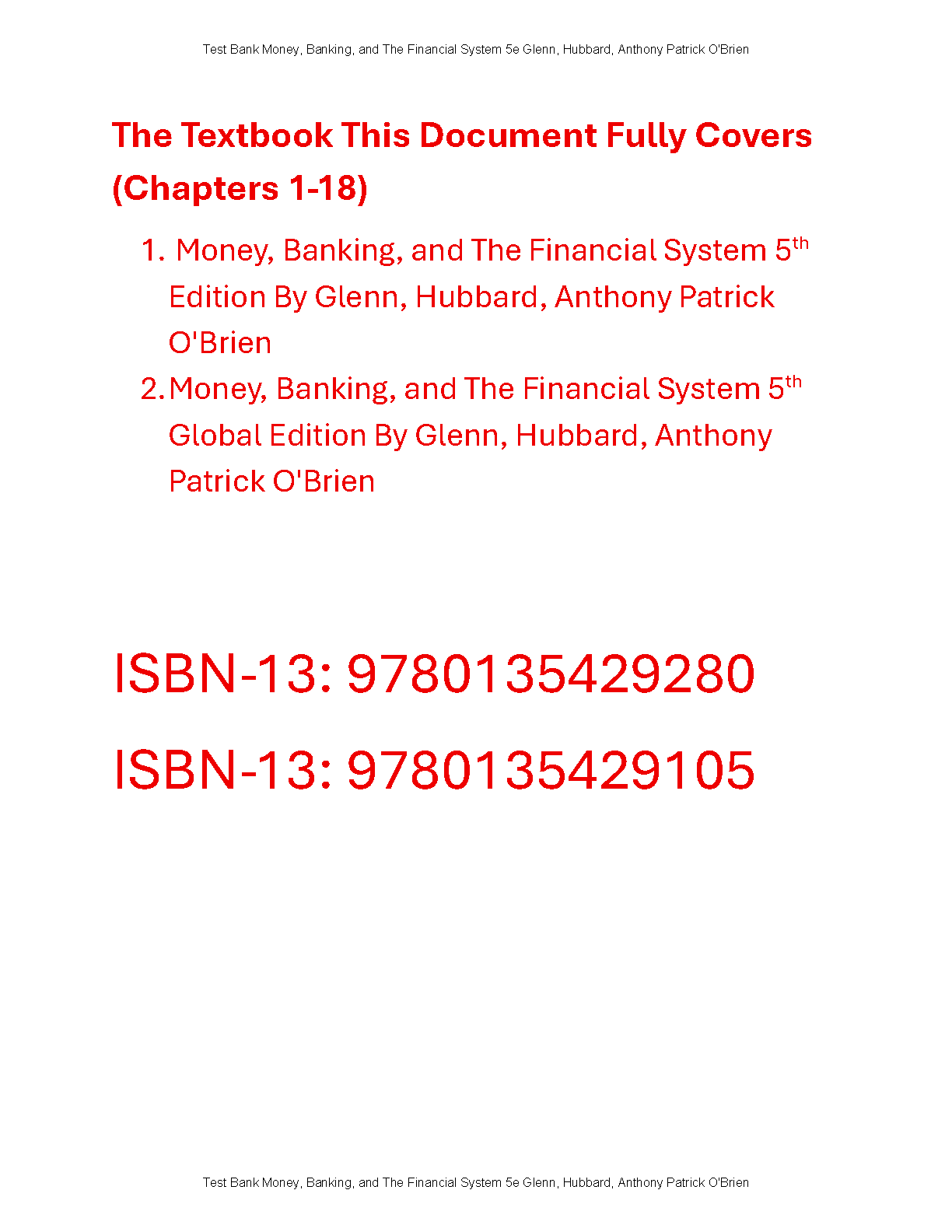 Money Banking Financial System 5e Hubbard Test Bank Answers