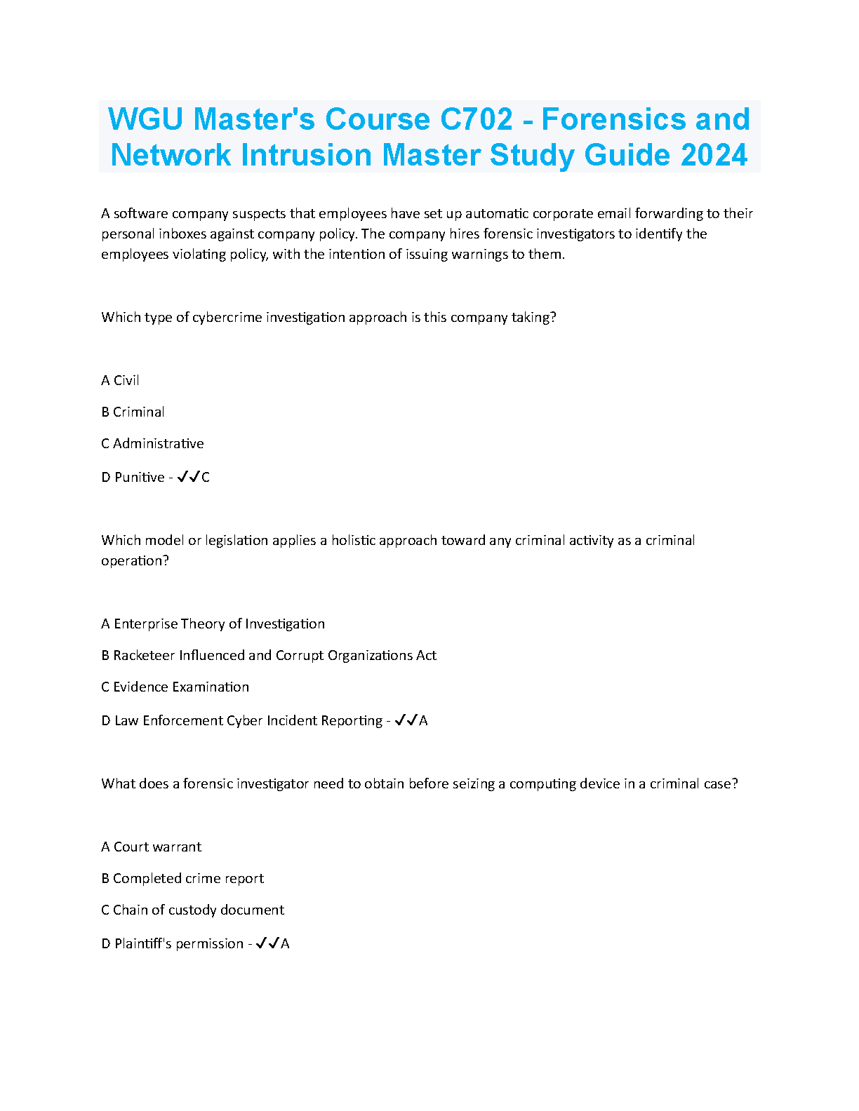 WGU C702 Forensics and Network Intrusion Study Guide 2024