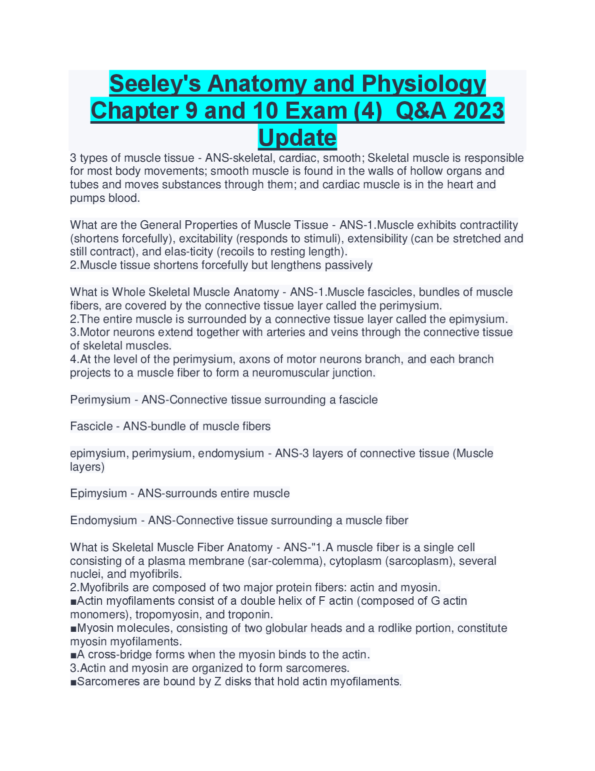 A&P Ch 9-10 Q&A: Seeley's 10th Ed Muscle Revision 2026/27