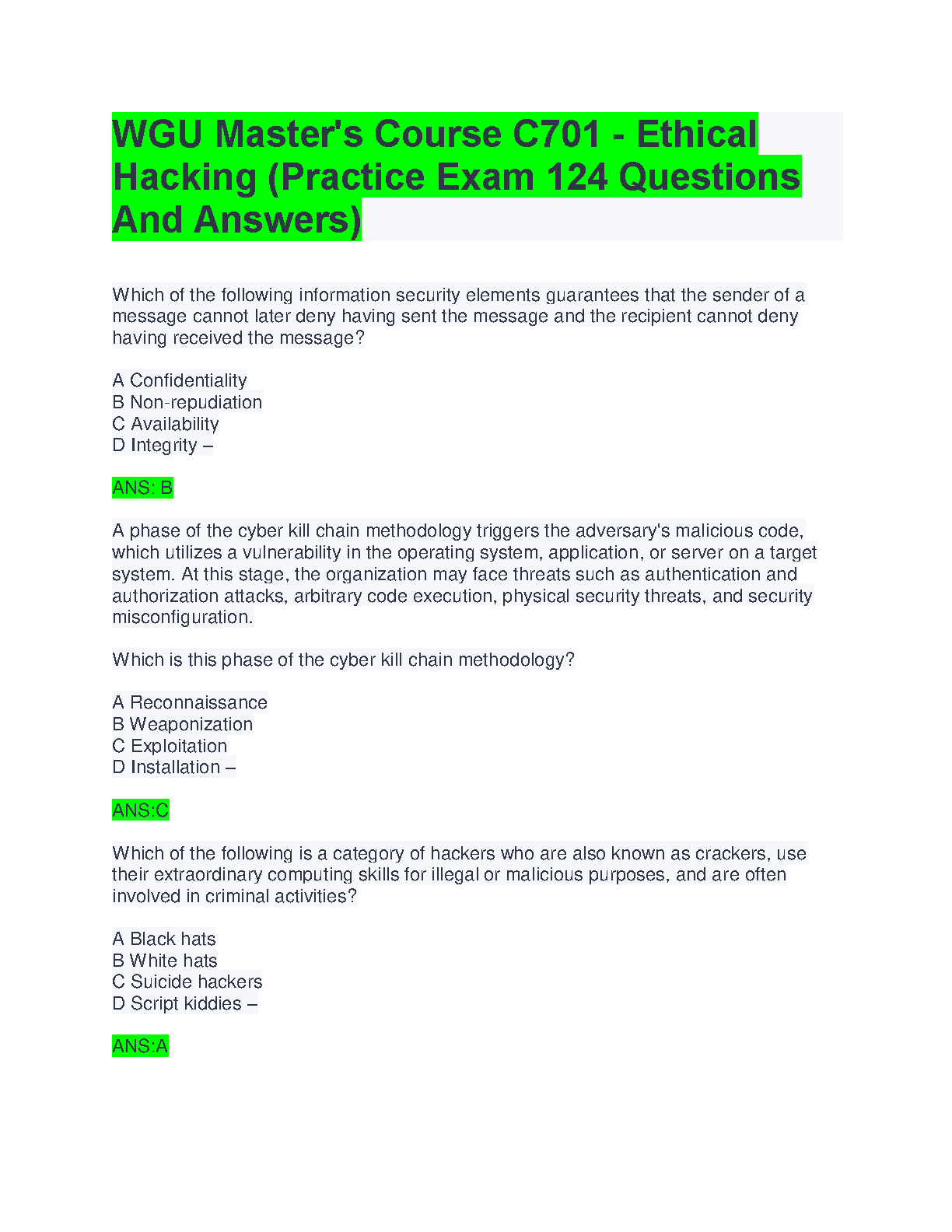 WGU C701 Ethical Hacking Practice Exam 124 Qs