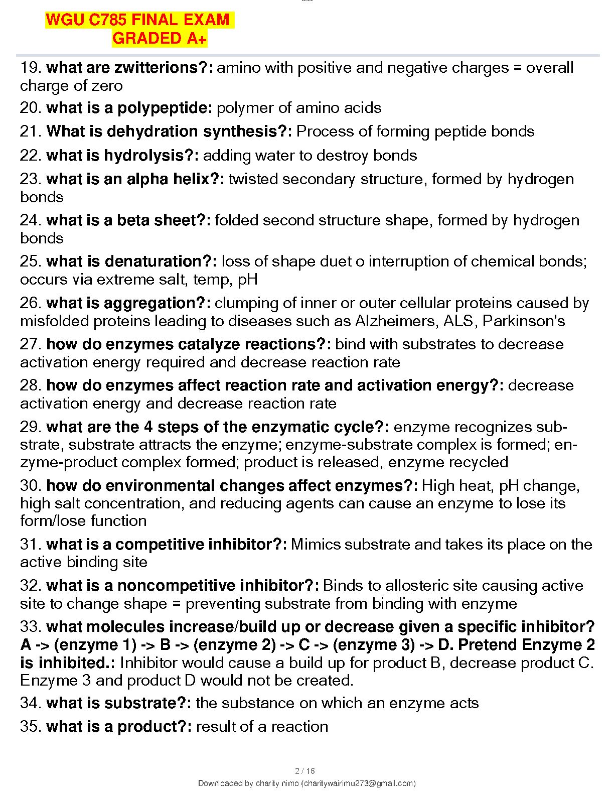 WGU C785 Amino Acids & Protein Structure Exam Prep