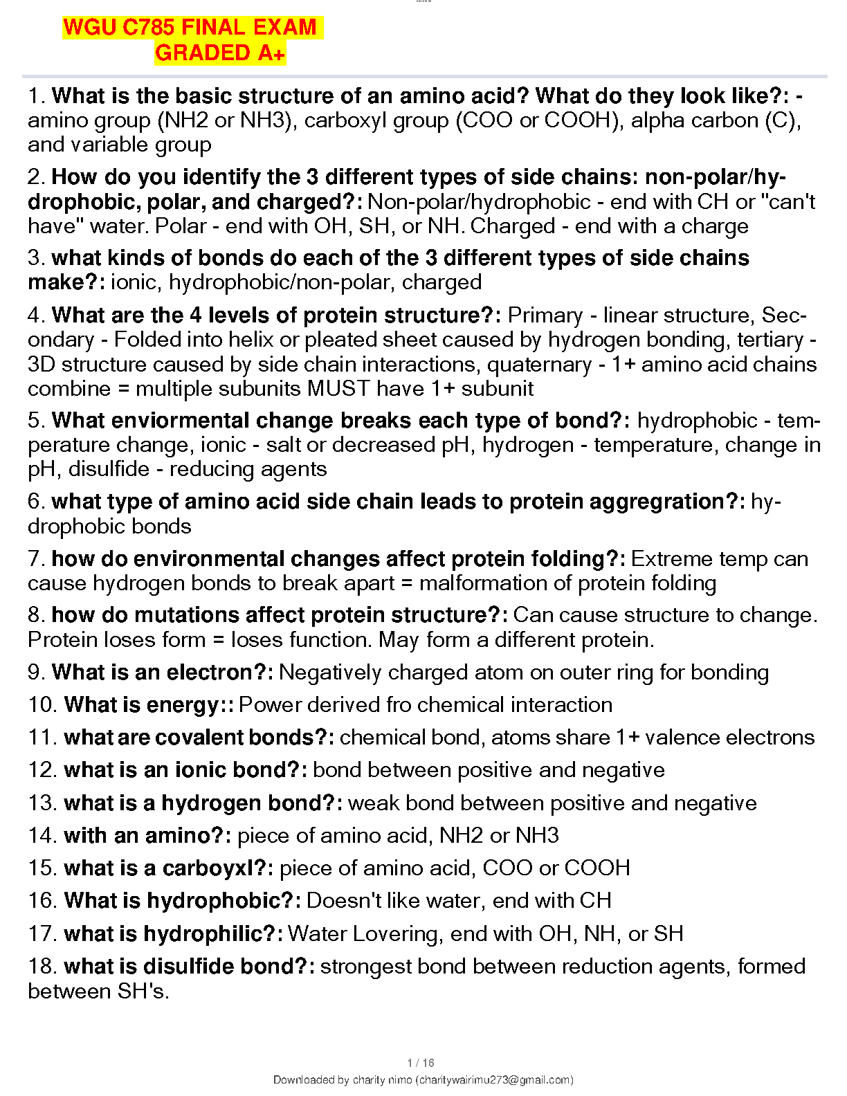 WGU C785 Amino Acids & Protein Structure Exam Prep