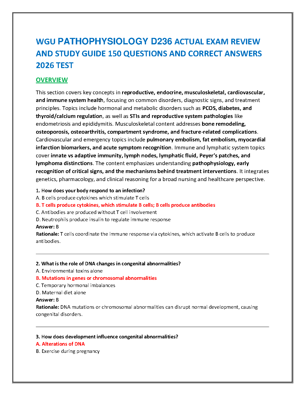 WGU D236 Pathophysiology Test Bank 2026 Answers