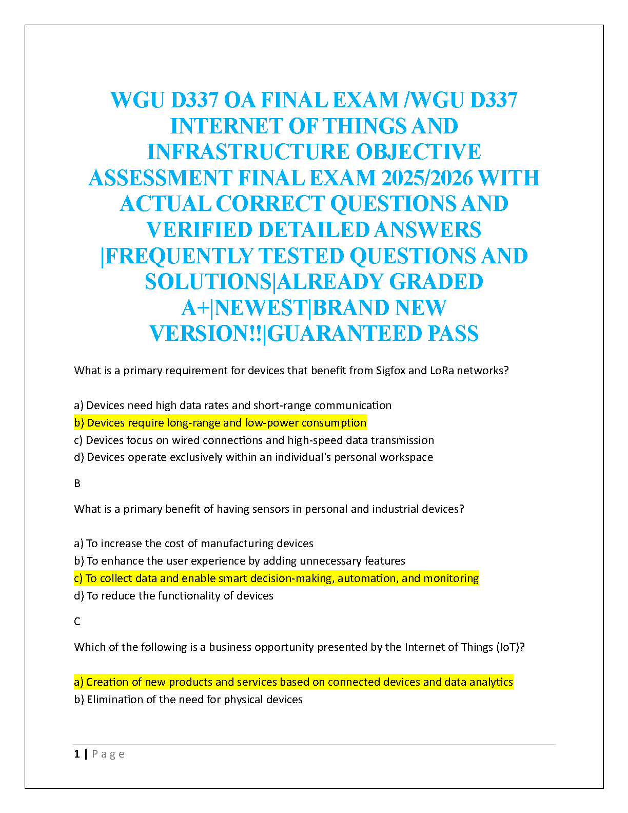WGU D337 IoT Final Exam Test Bank 2025