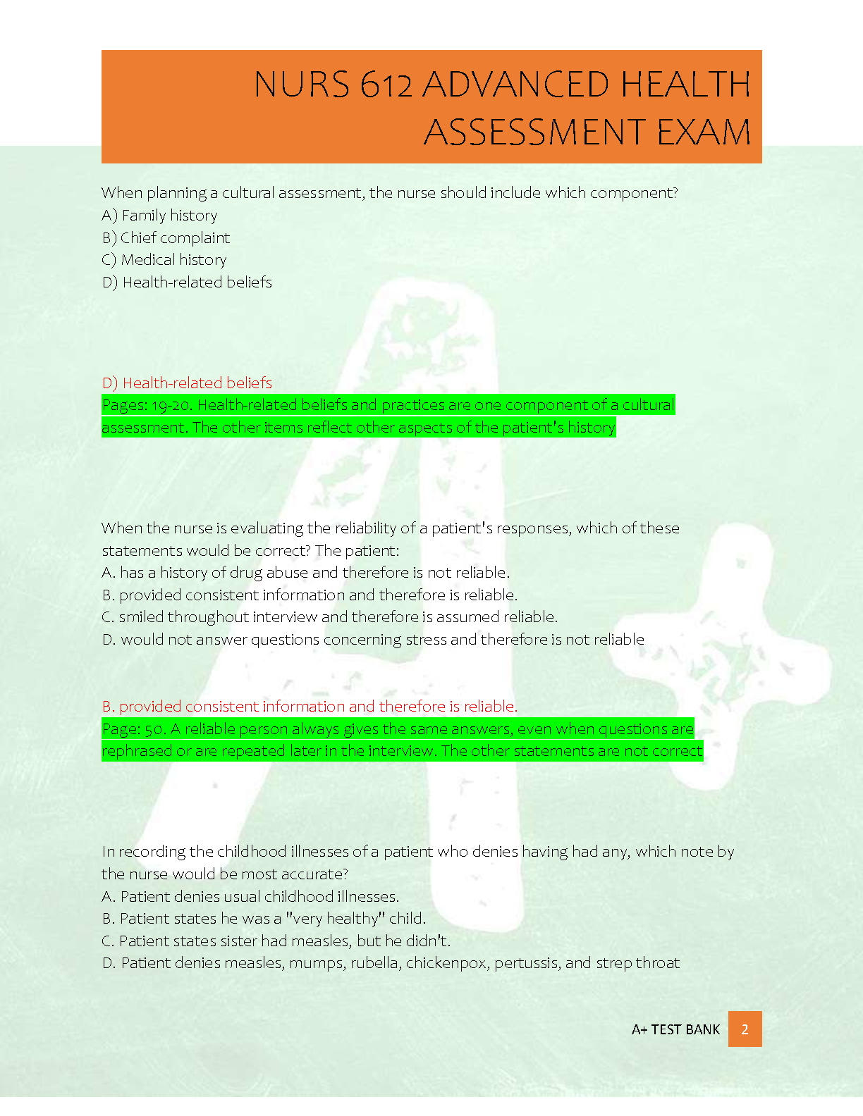NURS 612 Test Bank 2026/27 Advanced Health Assessment