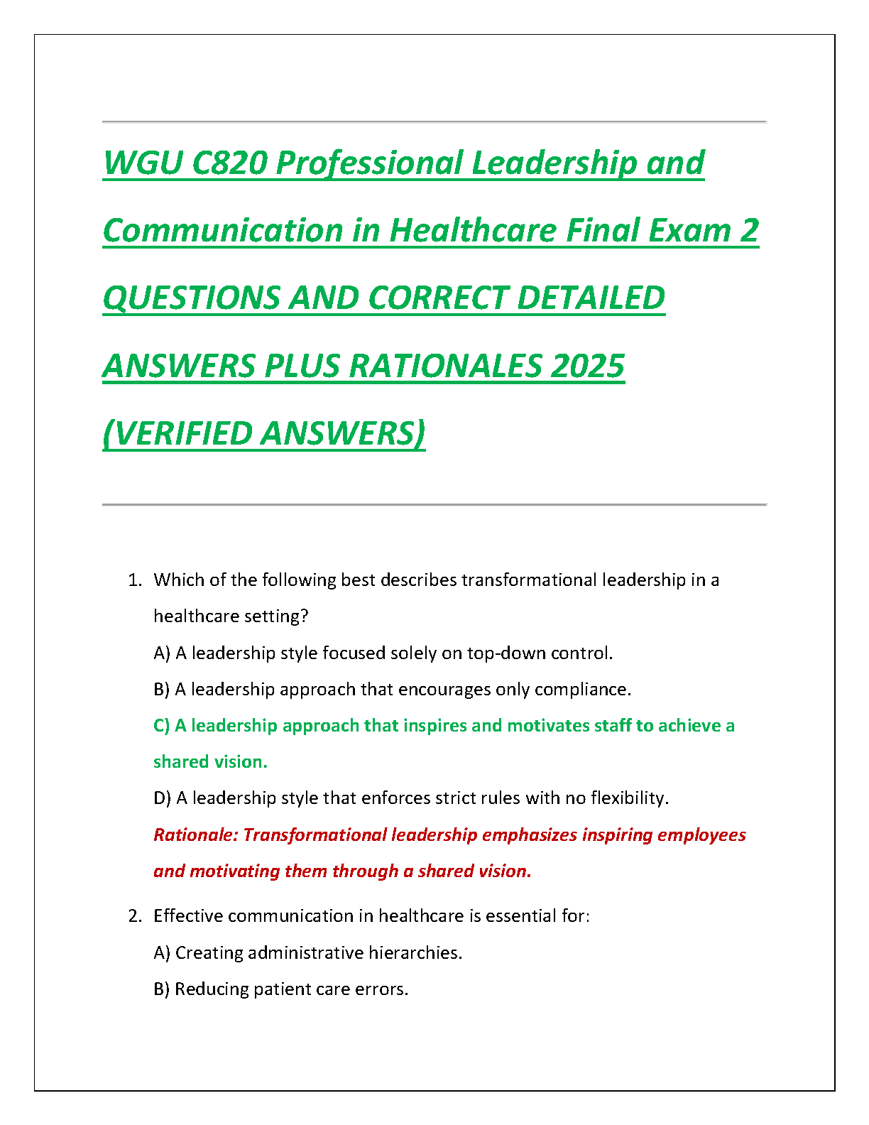 WGU C820 Leadership & Comm Final Exam Q&A with Rationales