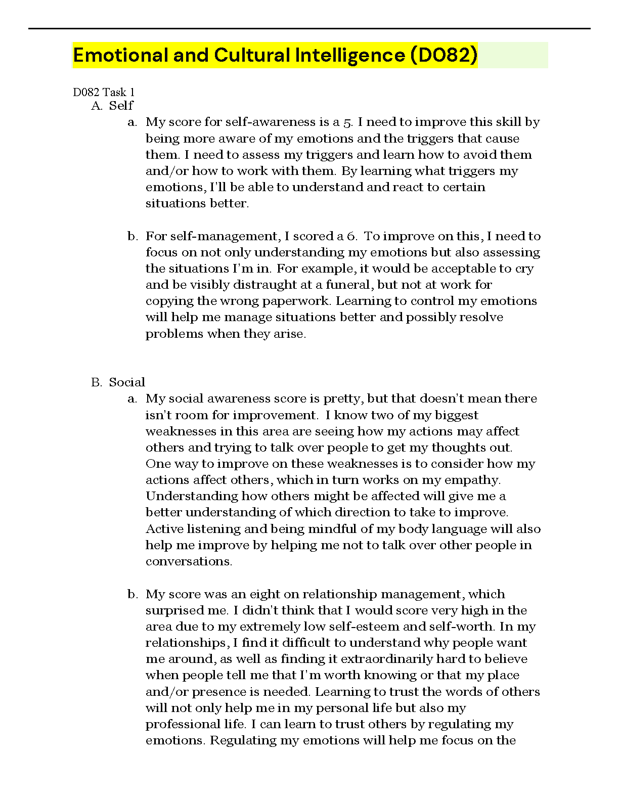 WGU D082 Task 1 Emotional Intelligence A+ Study Guide