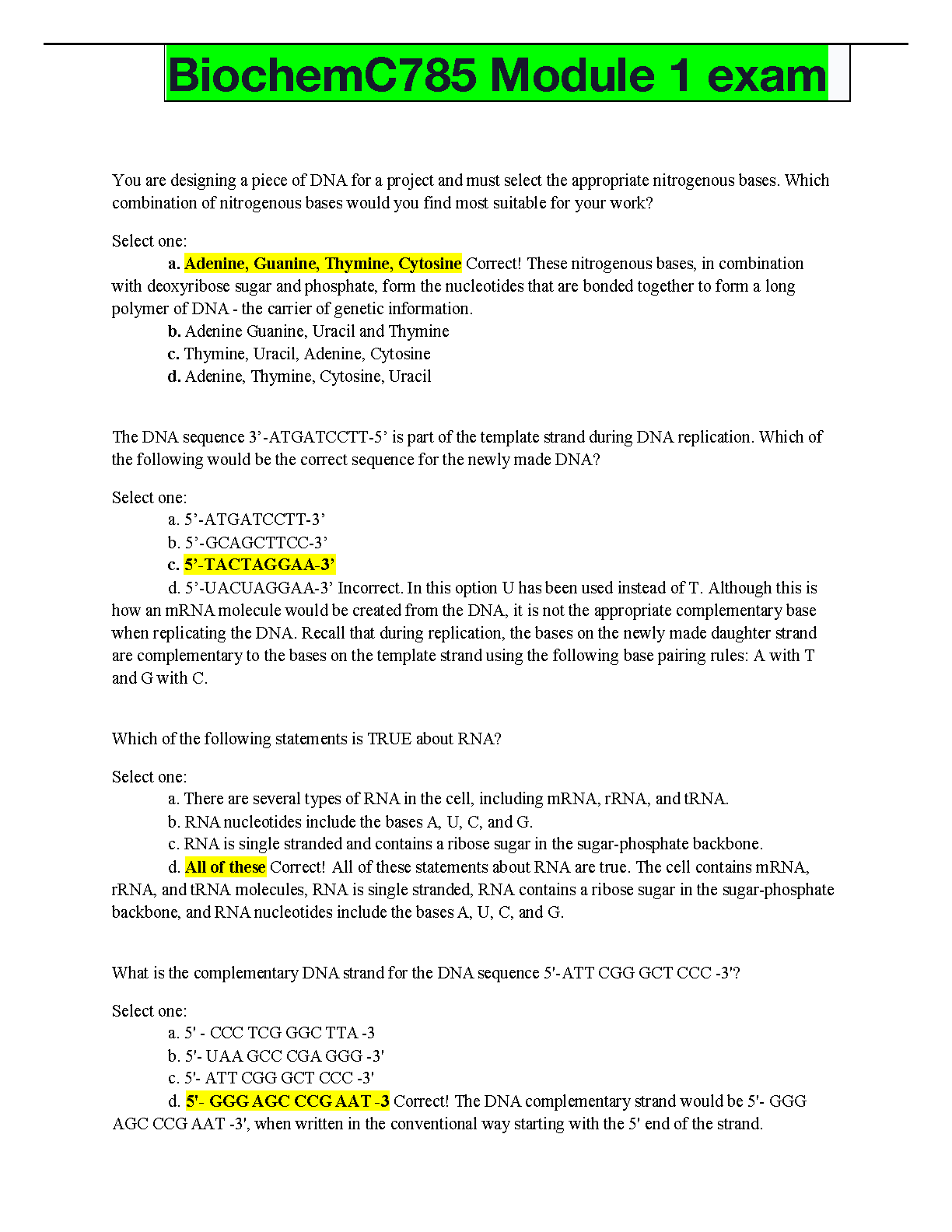 WGU C785 Biochemistry Module 1 Test Bank with Answers