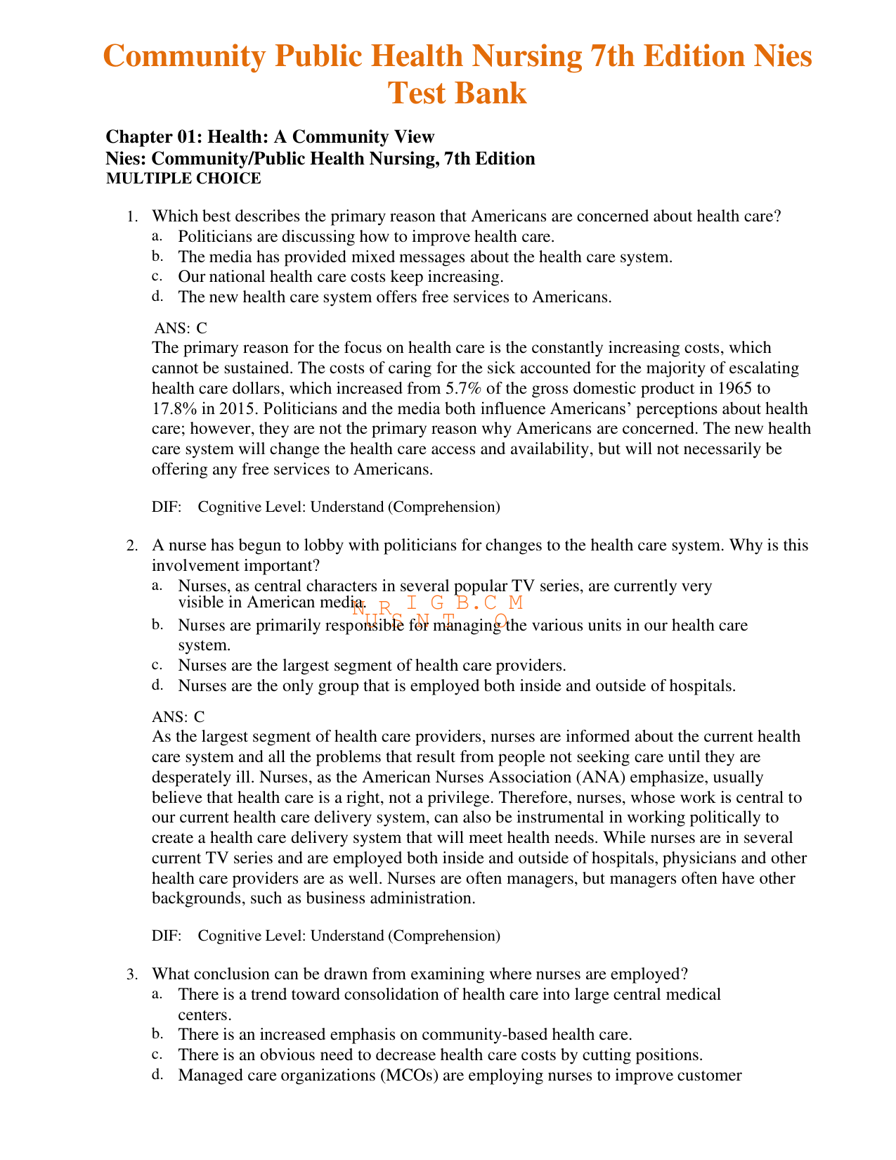 Community and Public Health Nursing 7th Edition TEST BANK