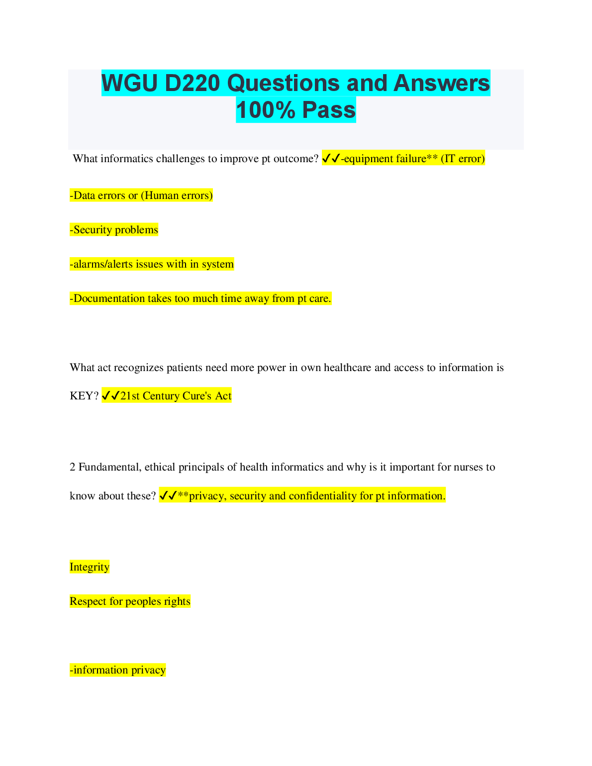 WGU D220 Health Informatics Questions and Answers Solution