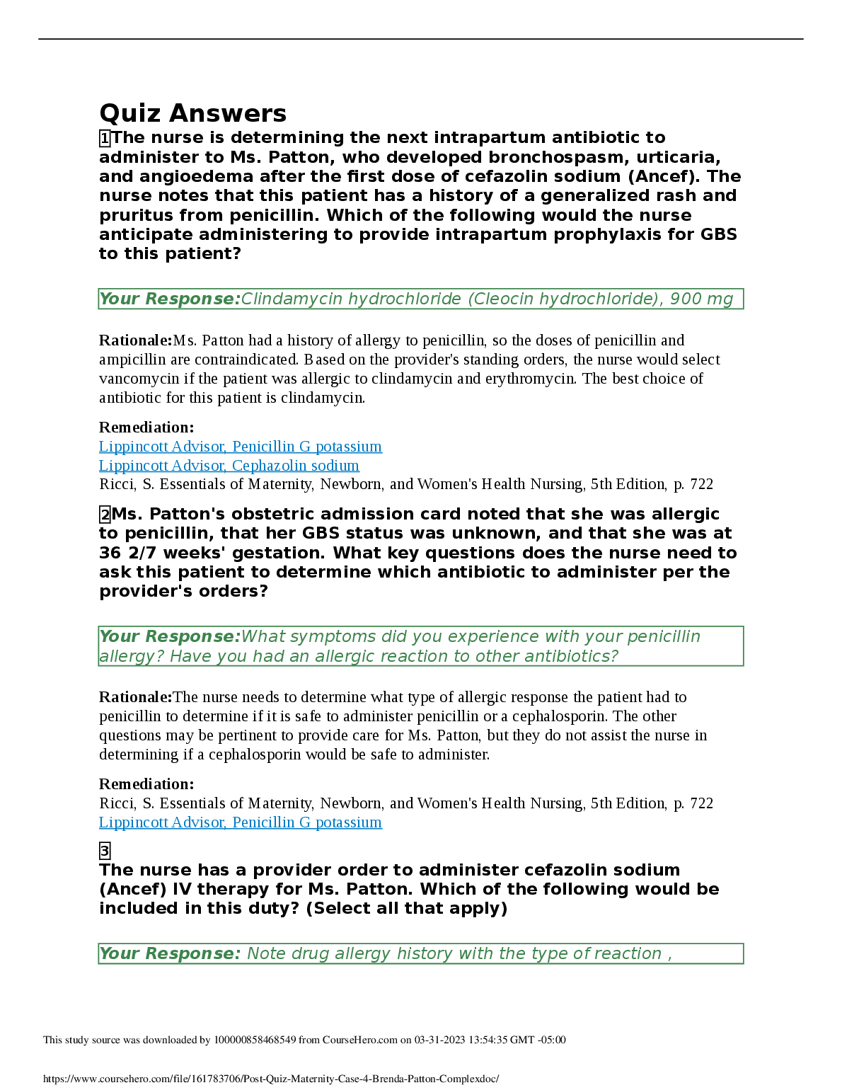 Ricci Maternity Nursing Quiz Answers 2026/27 Guide