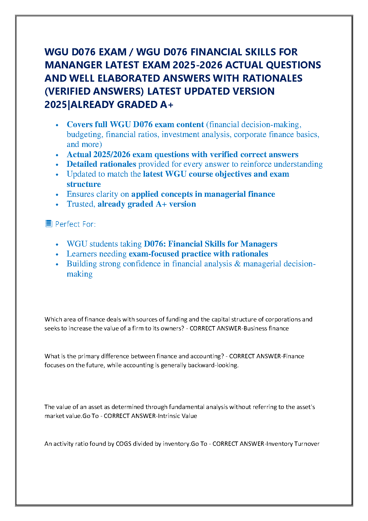 WGU D076 Exam Guide 2025-2026 with Answered Questions