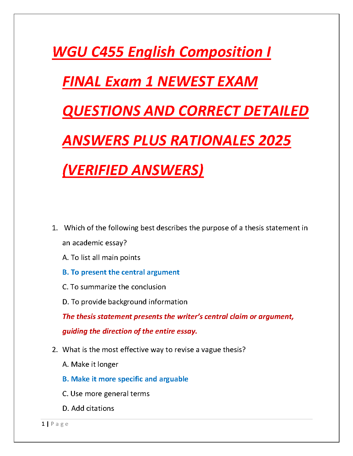 WGU C455 English Comp I Test Bank 2025 Questions & Answers
