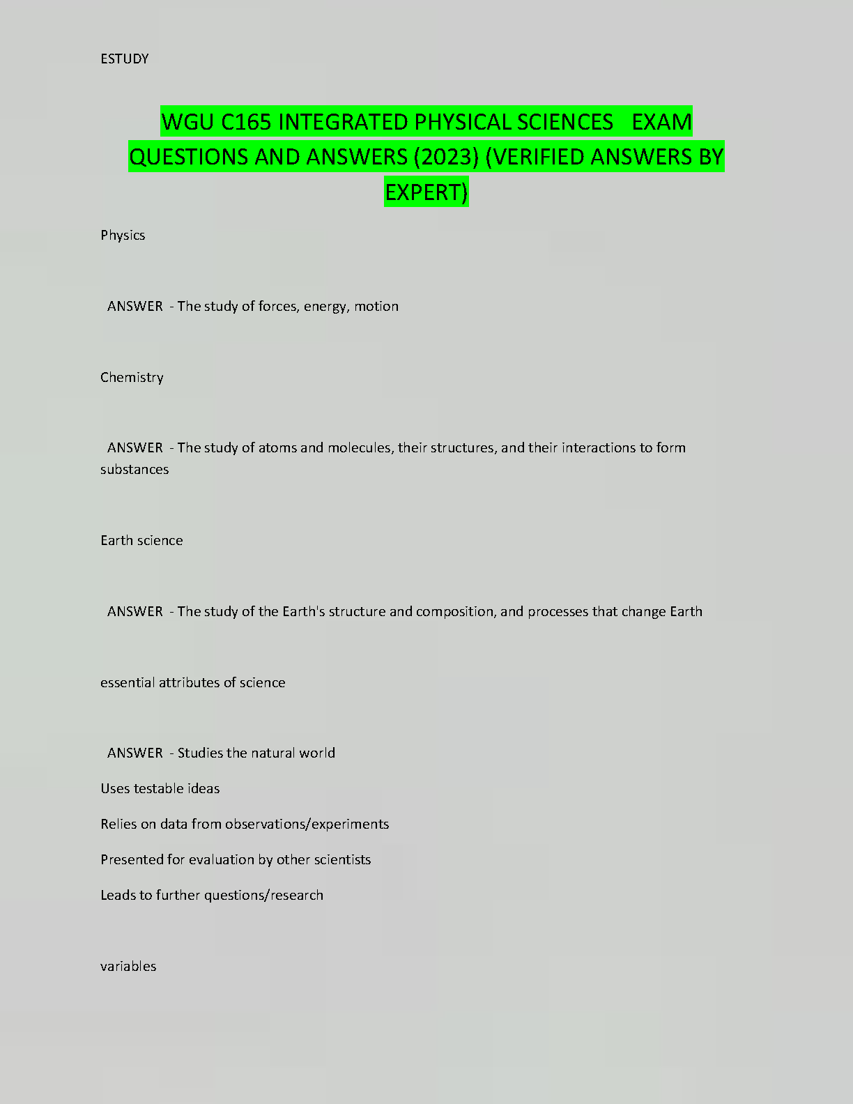 WGU C165 Integrated Physical Sciences Test Bank 2024