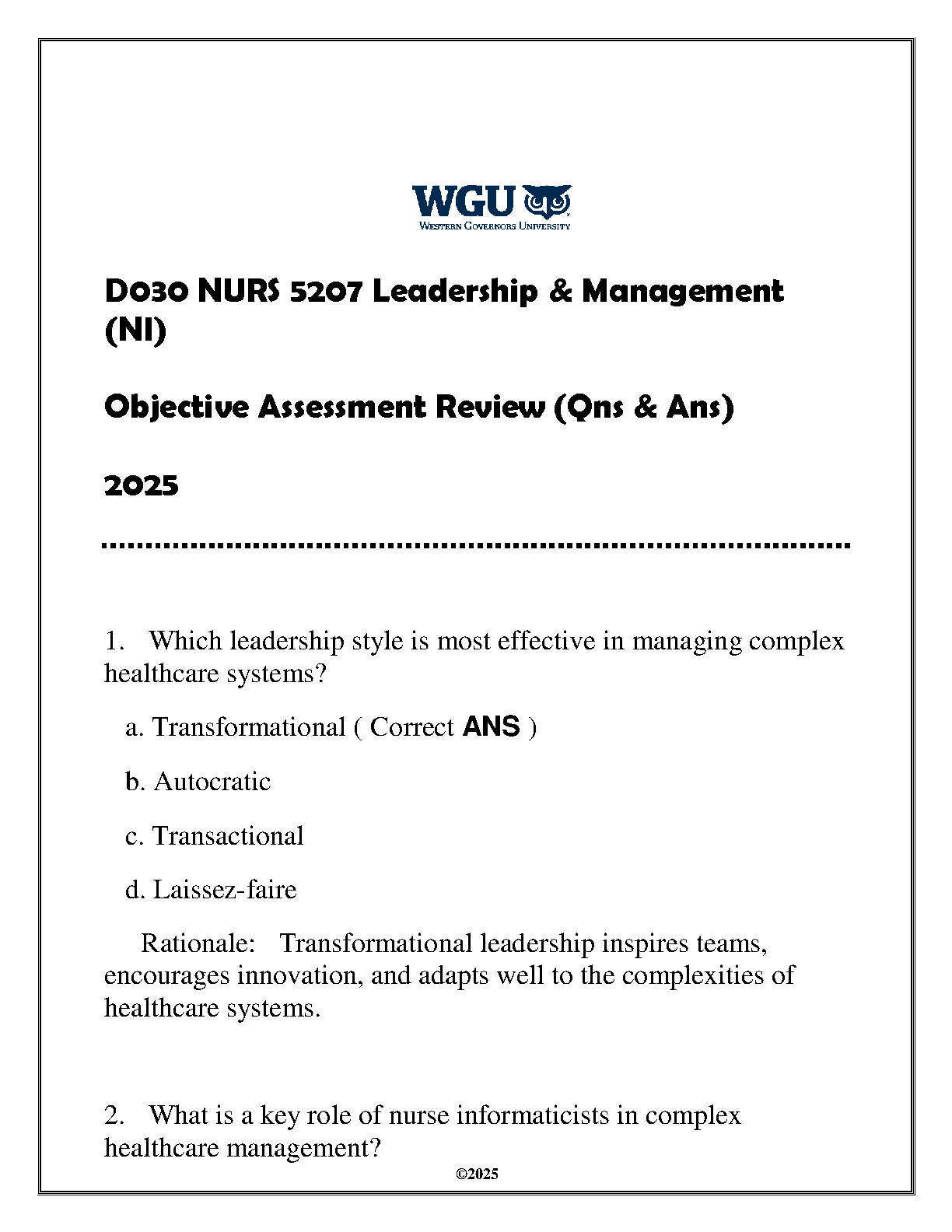 WGU NURS 5207 Leadership Management Q&A 2025 Review