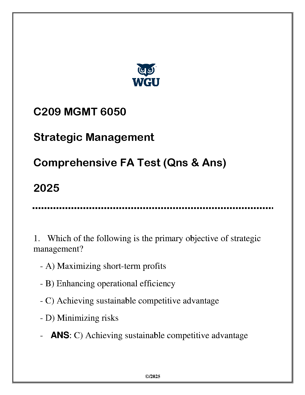 WGU MGMT 6050 Strategic Management Final Exam Q&A 2025